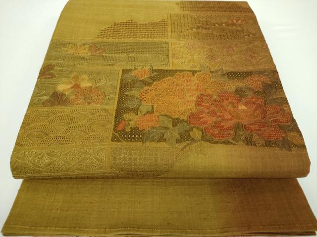 平和屋着物●中国三大刺繍　スワトウ相良刺繍　汕頭相良刺繍　総刺繍　太鼓柄袋帯　紬地　吉祥花文　正絹　逸品　DAAV6949ps