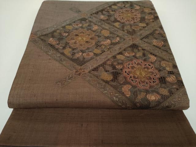 平和屋着物●中国三大刺繍　スワトウ相良刺繍　汕頭相良刺繍　総刺繍　太鼓柄袋帯　紬地　花菱文　正絹　逸品　DAAV6950ps