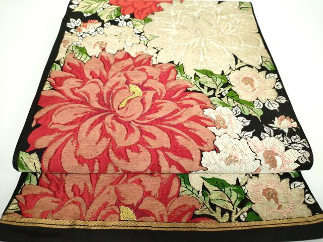 平和屋着物●六通柄　本袋帯　唐織　吉祥花文　黒地　金糸　正絹　逸品　DAAV6996ps