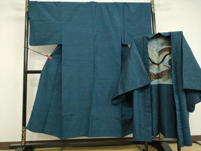 平和屋着物●男性　紬　アンサンブル　藍色　正絹　逸品　DAAV8545tw