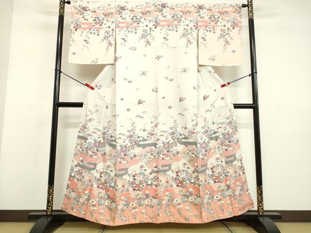 平和屋着物●訪問着　飛鶴霞草花文　暈し染め　金彩　正絹　逸品　DAAV8562tw