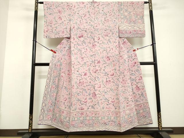 平和屋着物●訪問着　型染め　更紗花文　鬼しぼ縮緬　正絹　逸品　DAAV8647tw