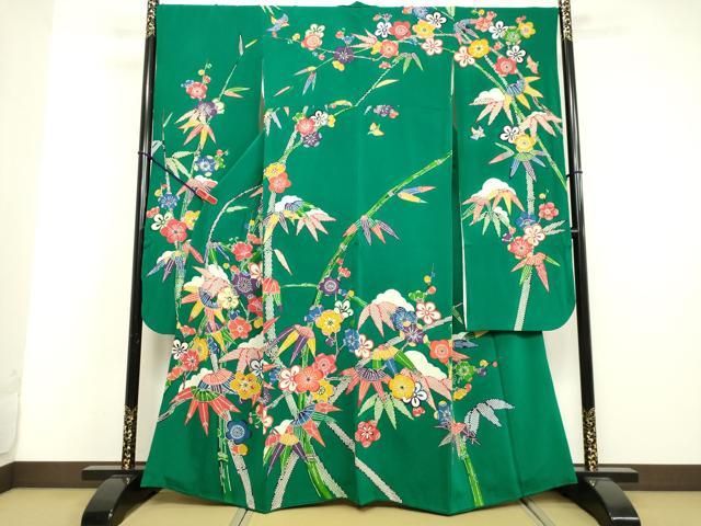 平和屋着物●江戸紅型　五味桂子　振袖　型染め　笹竹舞梅文　鬼しぼ縮緬　正絹　逸品　DAAV8725tw