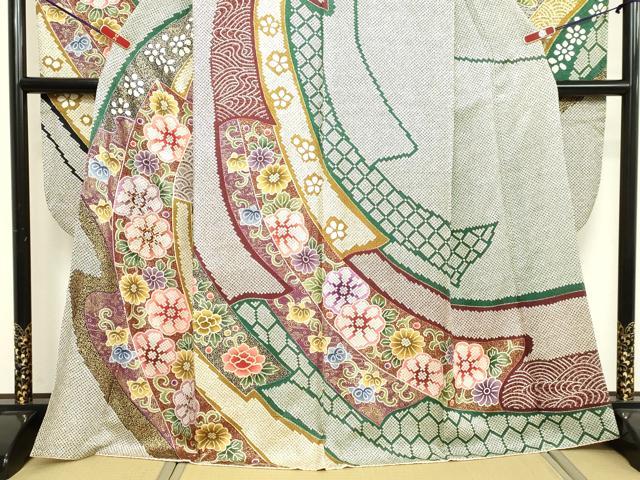 平和屋着物●豪華振袖　駒刺繍　花唐草文　金彩　正絹　逸品　DAAV8727tw 平和屋着物○豪華振袖 駒刺繍 花唐草文 金彩 正絹 逸品 DAAV8727tw