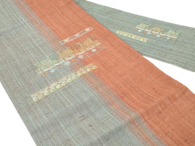 九寸名古屋帯 紬地 汕頭刺繍 相良刺繍 つる薔薇模様 お太鼓柄 正絹