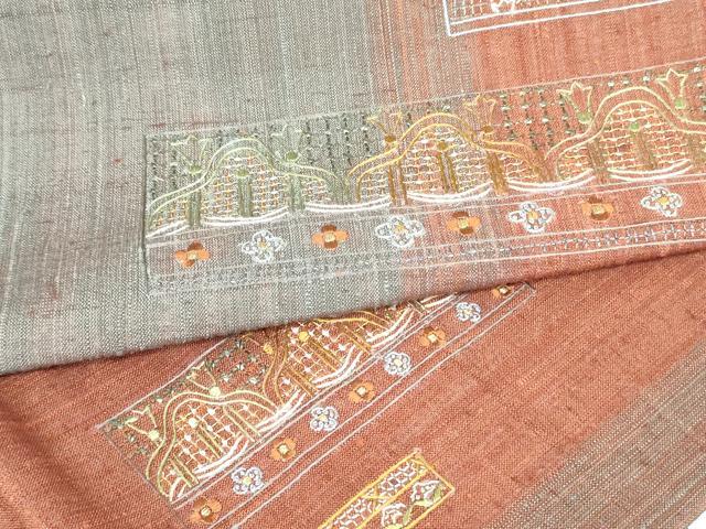 九寸名古屋帯 紬地 汕頭刺繍 相良刺繍 つる薔薇模様 お太鼓柄 正絹