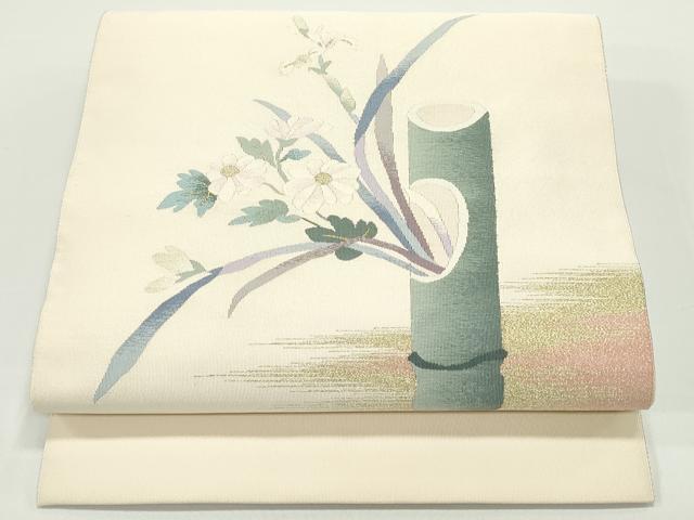 平和屋着物●爪掻き本綴れ　八寸名古屋帯　草花竹文　薄卵色　金糸　正絹　逸品　DAAV9027ob
