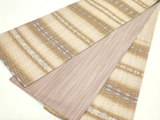 平和屋着物●両面　六通柄袋帯　真綿バンブー和紙織　菱繋ぎ抽象横段文　正絹　逸品　DAAV9040ob