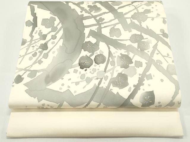 平和屋着物●塩瀬　九寸開き名古屋帯　手描き　枝花文　薄卵色　金銀彩　正絹　逸品　未使用　DAAV9045ob