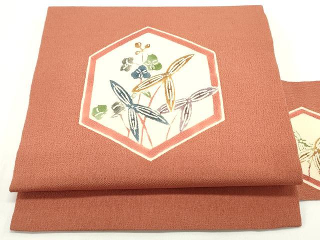 平和屋着物●九寸名古屋帯　型染め　亀甲枝葉文　樺色　鬼しぼ縮緬　正絹　逸品　未使用　DAAV9051ob