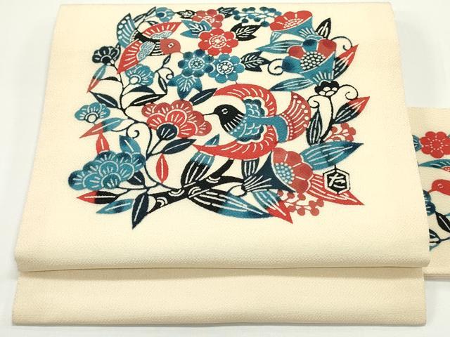 平和屋着物●塩瀬　九寸名古屋帯　型染め　草木手染　花鳥唐草文　薄卵色　鬼しぼ縮緬　正絹　逸品　DAAV9058ob