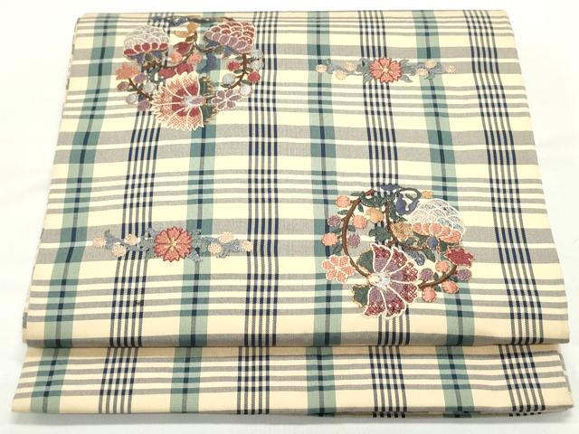 平和屋着物●両面　太鼓柄袋帯　総刺繍　格子花唐草丸文　金糸　正絹　逸品　DAAV9061ob