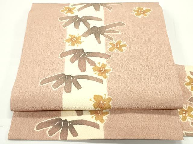 平和屋着物●九寸名古屋帯　型染め　草花間道　鬼しぼ縮緬　正絹　逸品　DAAV9080ob