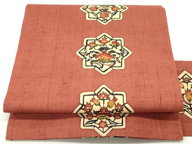 平和屋着物●九寸名古屋帯　作家物　生紬　更紗花唐草文　蘇芳色　正絹　逸品　DAAV9081ob