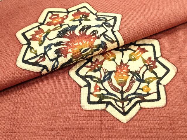 平和屋着物○九寸名古屋帯 作家物 生紬 更紗花唐草文