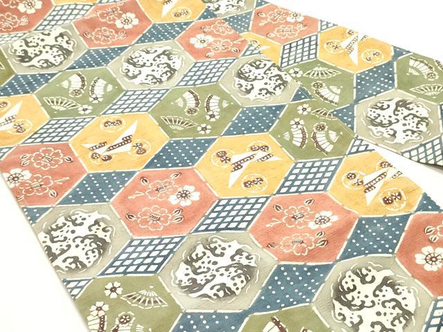 平和屋着物●九寸名古屋帯　紬地　型染め　亀甲花菱文　正絹　逸品　DAAV9083ob 平和屋着物○九寸名古屋帯 紬地 型染め 亀甲花菱文 正絹