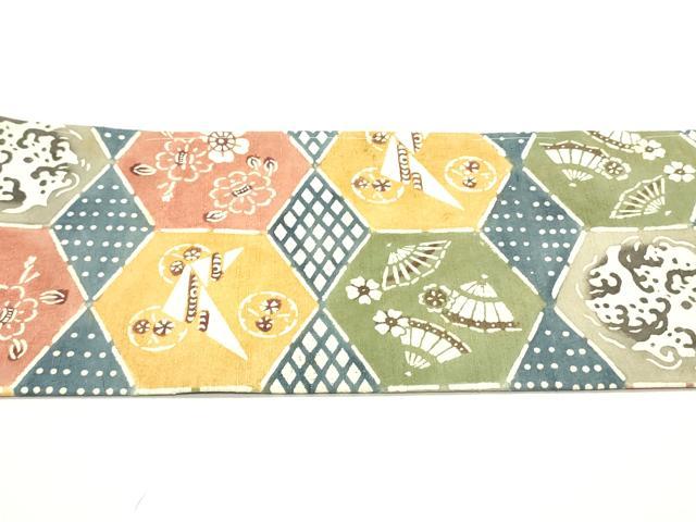 平和屋着物○九寸名古屋帯 紬地 型染め 亀甲花菱文 正絹