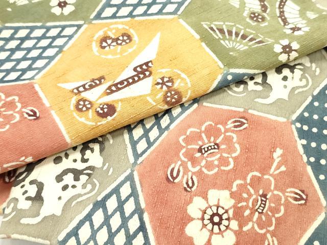 平和屋着物○九寸名古屋帯 紬地 型染め 亀甲花菱文 正絹