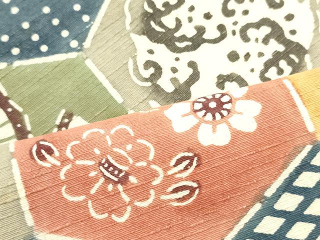 平和屋着物○九寸名古屋帯 紬地 型染め 亀甲花菱文 正絹