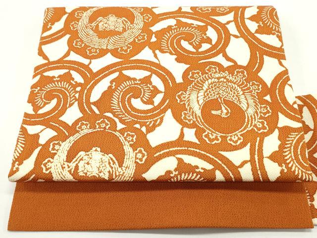 平和屋着物●全通柄九寸名古屋帯　型染め　鶴　亀　花唐草文　鬼しぼ縮緬　正絹　逸品　未使用　DAAV9086ob