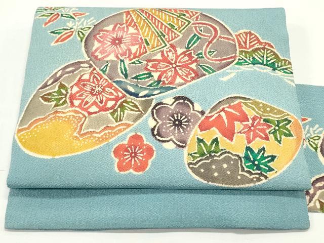 平和屋着物●九寸名古屋帯　作家物　型染め　貝合せ扇草花松文　瓶覗色　鬼しぼ縮緬　正絹　逸品　DAAV9089ob