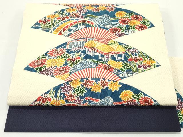 平和屋着物●全通柄九寸名古屋帯　型染め　扇面重ね流水風景草花文　鬼しぼ縮緬　正絹　逸品　DAAV9091ob