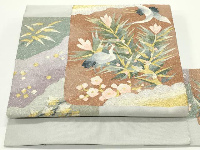 平和屋着物●爪掻き本綴れ　八寸名古屋帯　色紙重ね群鶴花文　白鼠色　金銀糸　正絹　逸品　DAAV9097ob