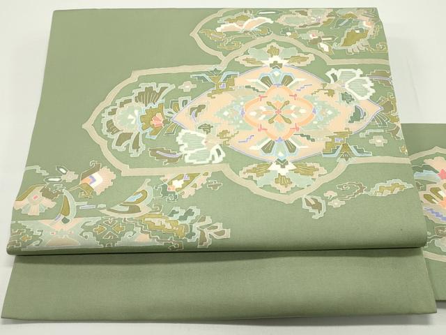 平和屋着物●塩瀬　九寸名古屋帯　型染め　幾何学更紗花菱文　抹茶色　正絹　逸品　DAAV9102ob