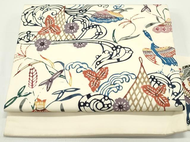 高級　正絹　洒落帯　名古屋帯　アンティーク　塩瀬　流水文　落ち葉　259 高級 正絹 洒落帯 名古屋帯 アンティーク 型染 西洋柄 140 楽天