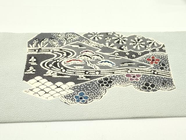 平和屋着物●全通柄九寸名古屋帯　型染め　風景人物花文　お召縮緬　正絹　逸品　DAAZ3017ob 平和屋着物○九寸名古屋帯 型染め 流水風景飛鶴花文