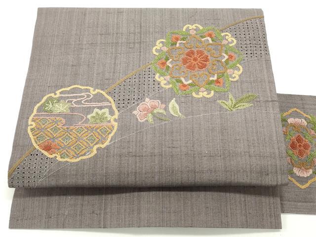 中国三大刺繍　汕頭、相良、蘇州、総刺繍の美しい袋帯　柔らかなシルバー地　極上 平和屋着物○中国三大刺繍 スワトウ刺繍 汕頭刺繍 相良刺繍 総刺繍