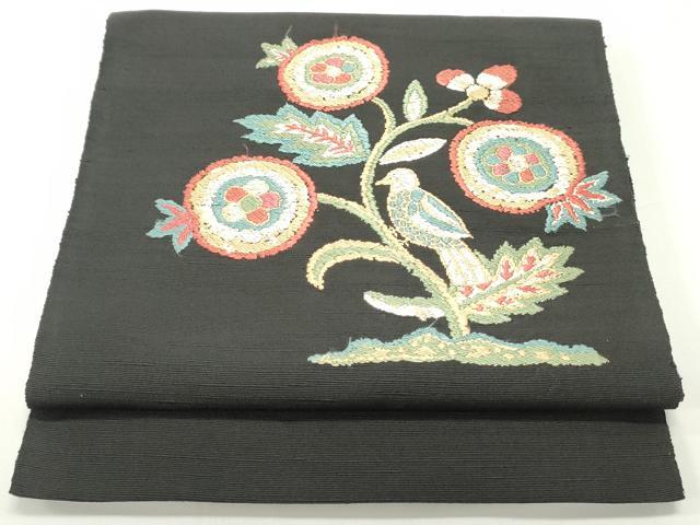 平和屋着物●八寸名古屋帯　唐織　紬地　休み鳥更紗花唐草文　黒地　正絹　逸品　DAAV9149ob