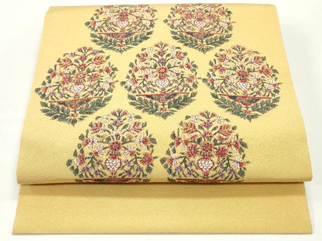 平和屋着物●九寸開き名古屋帯　飾花更紗草花文　柑子色　鬼しぼ縮緬　正絹　逸品　DAAV9151ob