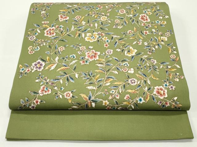 平和屋着物◎九寸名古屋帯 横段更紗花文 金糸 正絹 逸品