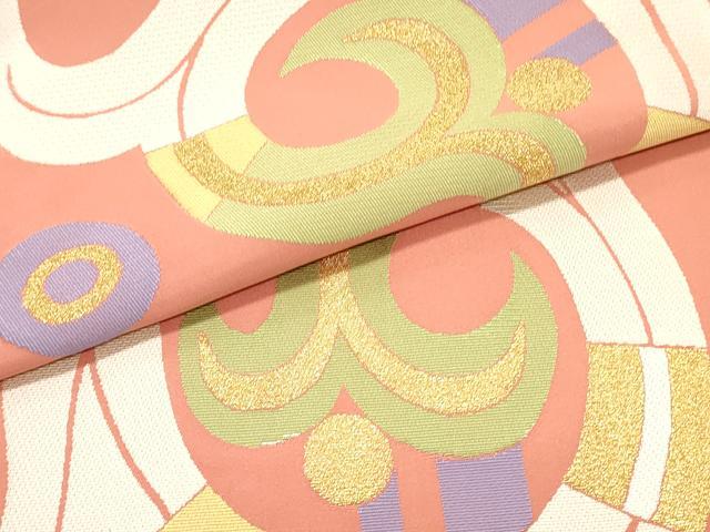 平和屋着物○太鼓柄袋帯 唐草文 珊瑚朱色 本金 金糸 正絹 逸品