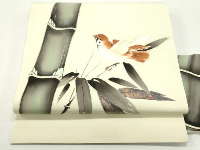 平和屋着物●塩瀬　九寸名古屋帯　手描き　雀　笹竹文　鳥の子色　金彩　正絹　逸品　DAAV9164ob