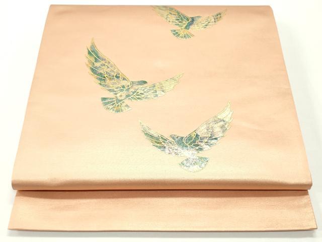 平和屋着物●染色作家　斉藤三才　太鼓柄袋帯　三才鳥　水柿色　金彩　引箔　正絹　逸品　未使用　DAAV9173ob