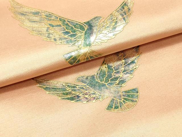 平和屋着物●染色作家　斉藤三才　太鼓柄袋帯　三才鳥　水柿色　金彩　引箔　正絹　逸品　未使用　DAAV9173ob 平和屋着物○染色作家 斉藤三才 太鼓柄袋帯 三才鳥 水柿色 金彩