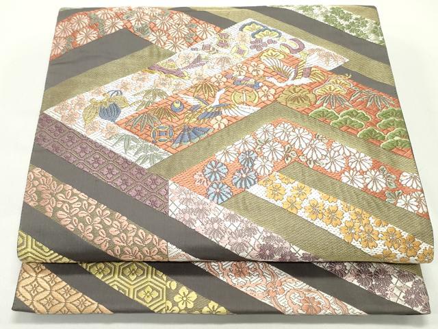 平和屋着物●六通柄袋帯　唐織　名物裂吉祥飛鶴花文　金糸　正絹　逸品　DAAV9183ob