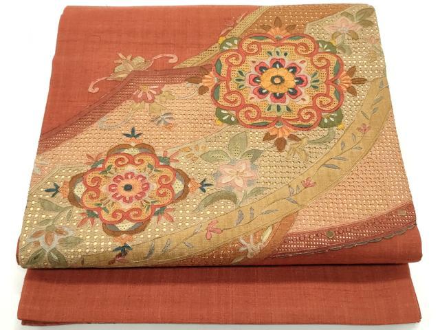 平和屋着物●中国三大刺繍 スワトウ刺繍 汕頭刺繍 相良刺繍 総刺繍 太鼓柄袋帯 紬地 切嵌正倉院花文 弁柄色 正絹 逸品 未使用 DAAV9191ob