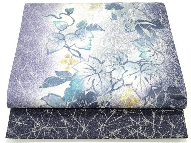 平和屋着物○太鼓柄袋帯 霞葡萄蔦の葉文 銀通し地