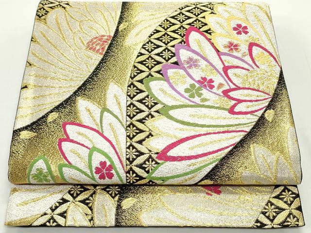 美品】 袋帯 名品 じゅらく 落款あり 草花 波 箔 金糸 墨色 お太鼓柄