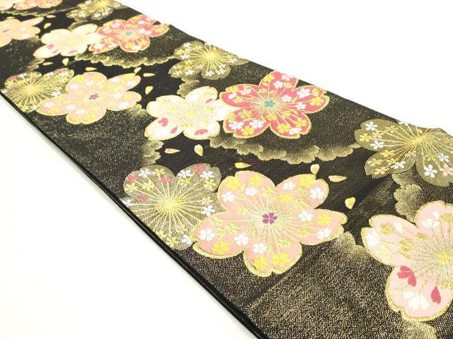 平和屋着物○六通柄袋帯 唐織 雲取り舞桜文 黒地 金糸