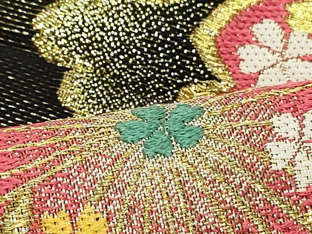 平和屋着物●六通柄袋帯　唐織　雲取り舞桜文　黒地　金糸　正絹　逸品　DAAV9235ob 平和屋着物○六通柄袋帯 唐織 雲取り舞桜文 黒地 金糸