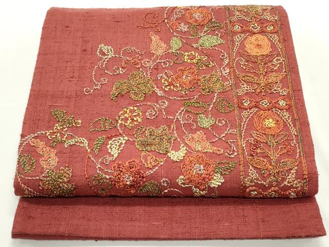 平和屋着物●太鼓柄袋帯　紬地　総刺繍　花唐草文　蘇芳色　金糸　正絹　逸品　未使用　DAAV9238ob