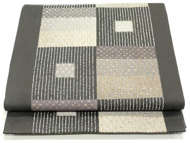 平和屋着物●両面　六通柄袋帯　縞模様　黒地　金銀糸　正絹　逸品　未使用　DAAV9242ob