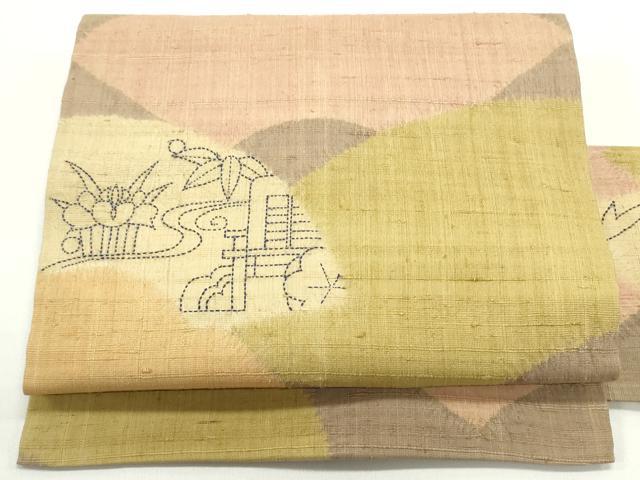 平和屋着物●九寸名古屋帯　生紬　刺繍　刺子　地紙重ね流水飾花文　正絹　逸品　DAAV9278ob