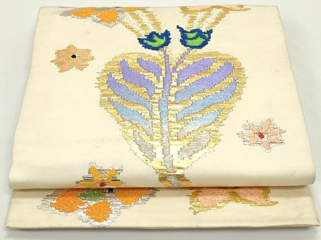 平和屋着物●龍村平蔵製　六通柄　本袋帯　唐織　モール一房文　鳥の子色　金銀糸　正絹　逸品　DAAV9281ob