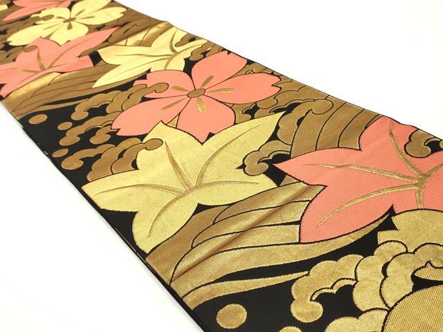 平和屋着物●織物一筋名門　織悦　全通柄　本袋帯　立波花文　黒地　金糸　正絹　逸品　DAAV9296ob 平和屋着物○織物一筋名門 織悦 全通柄 本袋帯 立波花
