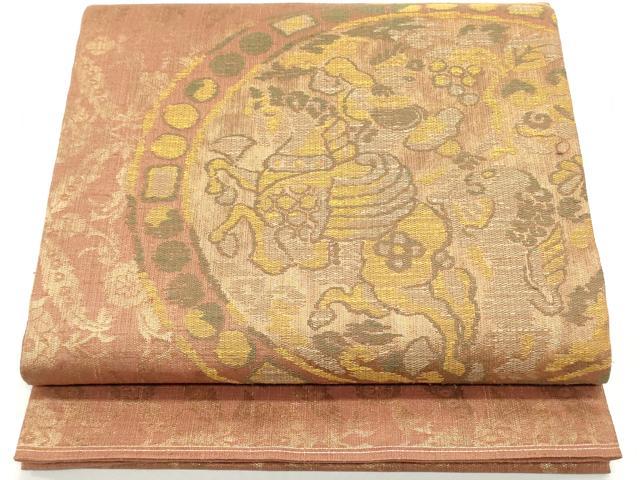 平和屋着物●六通柄袋帯　紬地　狩猟更紗花文　金糸　正絹　逸品　未使用　DAAV9298ob